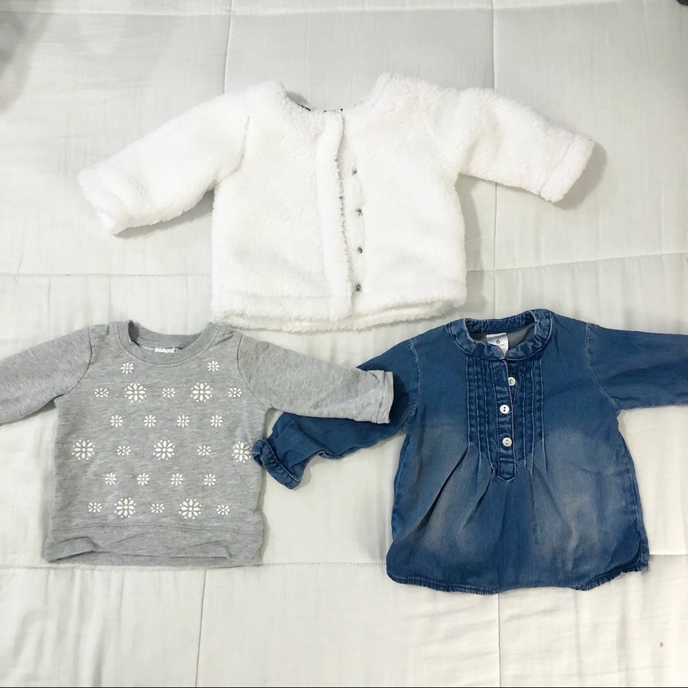 Furry White Jacket, Jean Tunic & Gray Sweatshirt